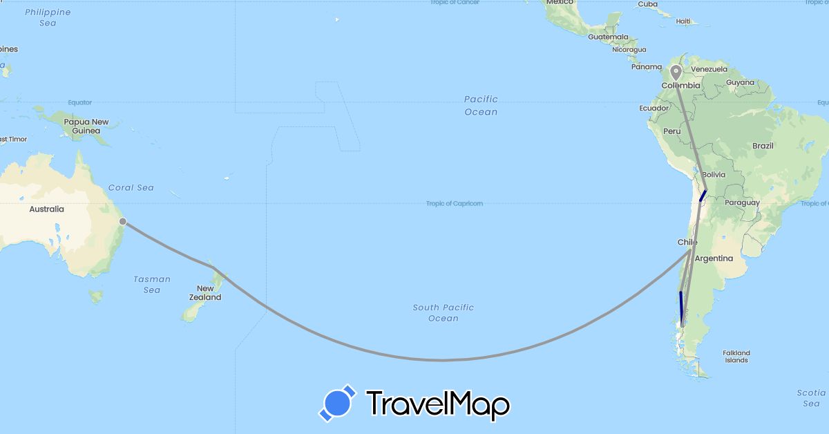 TravelMap itinerary: driving, plane in Australia, Bolivia, Chile, Colombia, New Zealand (Oceania, South America)